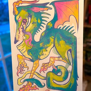 Dog Dragon Risograph Medieval Print A4 Serpent