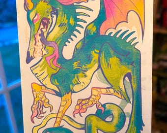 Dog Dragon Risograph Medieval Print A4 Serpent