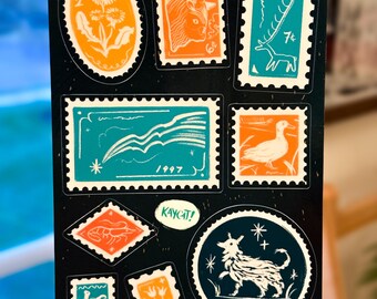 Vintage Postage Stamp Sticker Sheet – Dandelions, Ducks, Shrimp Lourve Art History Shooting Star Novelty