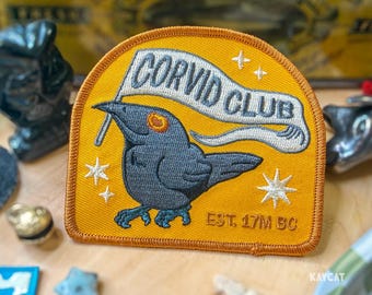 Corvid Club Embroidered Iron On Patch Crow Raven Magpie Bluejay Furry Fursona Funny Medieval Banner