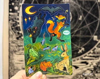 Fall Halloween Sticker Sheet – Fox Mice Pumpkin Bat Sheep Hare Rabbit Jester OTGW Over the garden wall autumn November October Night Spooky