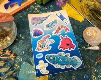 Sea Ocean Fish Animal Crossing ACNH Coelacanth Garden Eel Horseshoe Crab Urchin Shrimp Dumbo Octopus Slug Nudibranch Fish Sticker Sheet
