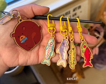 Blind Bag Fish Charms | Salmon Rainbow Trout Catfish Spotted Gar Fat Bear River Fish Synthetic Wood Keychains