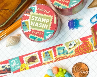 Gold Foil Stamp Postage Vintage Husky Pigeon Duck Bison Shell Train Plane Mail Journaling Washi Tape