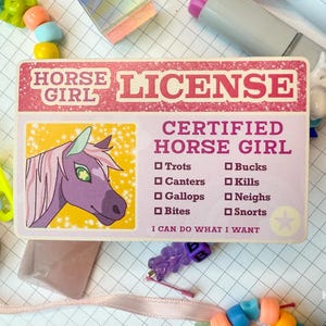 May include: A pink and white "Horse Girl License" card with a purple horse illustration. The card includes a checklist of horse-related actions and the text "I CAN DO WHAT I WANT."