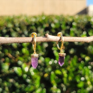 Amethyst Point Clip On Earrings/Minimalist Dangle Clip On Earrings/Purple Violet Quartz Gemstone Earrings/Clip On Hoop Earrings/No Piercing