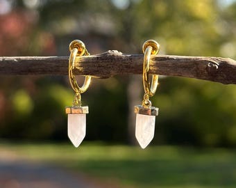 Rose Quartz Point Clip On Earrings/Minimalist Dangle Clip On Earrings/Pink Quartz Gemstone Earrings/Clip On Hoop Earrings/No Piercing