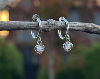 Silver Opal Heart Clip On Earrings/Dainty Minimalist Dangle Clip On Hoop Earrings/Opal Gemstone Clip On Earrings/No Piercing Ear Cuff