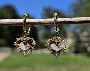 Pink Crystal Heart Clip On Earrings/Minimalist Clip On Earrings for Women/Gold Gemstone Cubic Zirconia Dangle Non Pierced Clip On Earrings