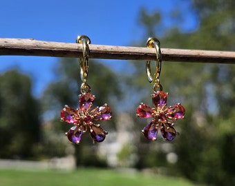 Pink Crystal Flower Dangle Clip On Earrings for Women/Gold Floral Cherry Blossom Sakura Cubic Zirconia Drop Clip On Hoop Earrings