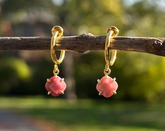 Redwood Gem Diamond Clip On Earrings/Minimalist Dangle Gold Clip On Hoop Earrings/Pink Red Gemstone Clip On Earrings for Women/No Piercing