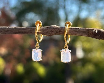 Pink Opal Glass Square Clip On Earrings/Gold Dangle Clip On Earrings/Crystal Rectangle Clip On Hoop Earrings/Pink Gemstone Clip On