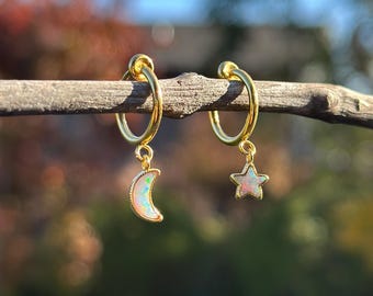 Opal Moon & Star Clip On Earrings/Minimalist Dainty Clip On Earrings for Women/Asymmetrical Opal Dangle Drop Clip on Earrings/Moon and star