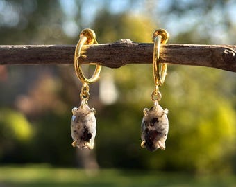 Labradorite Clip On Earrings/Minimalist Dangle Clip On Earrings/Gray Gemstone Clip On Hoop Earrings/Non Pierced Clip On Earrings for Women