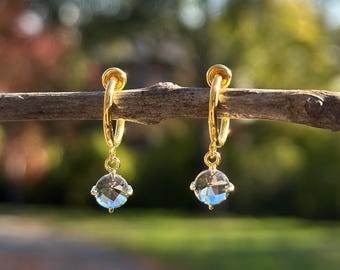 Gray Glass Circle Clip On Earrings/Minimalist Dangle Gold Clip On Earrings/Gray Crystal Clip On Hoop Earrings for Women/No Piercing Ear Cuff