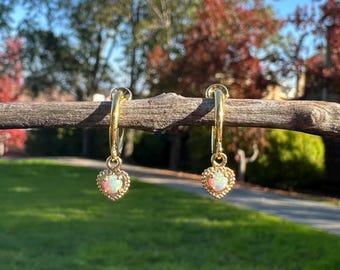 Opal Heart Clip On Earrings/Minimalist Dangle Clip On Earrings for Women/Dainty Gold Clip On Hoop Earrings/Non Pierced Opal Clip On Earrings