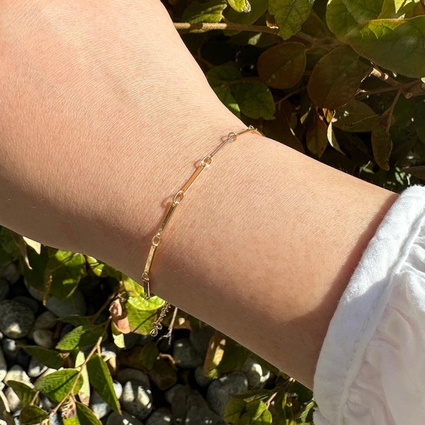 Gold Flat Bar Link Chain Bracelet/18K Gold Plated Dainty Bar Link Chain Bracelet/Adjustable Delicate Minimalist Layering Bracelet