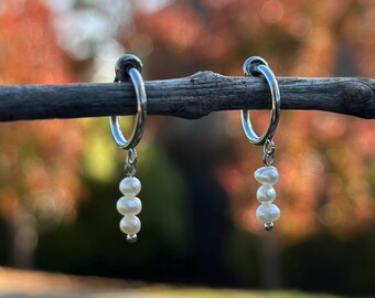 Silver Freshwater Pearl Strand Clip On Earrings/Pearl Drop Dangle Clip On Hoop Earrings/Bridal Wedding Minimalist Clip On Earrings for Women