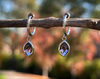 Amethyst Glass Marquise Hoop Clip On Earrings for Women/Minimalist Dangle Elegant Dainty/Silver Purple Charm Gemstone Earrings/No Piercing