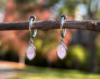 Rose Quartz Glass Marquise Hoop Clip On Earrings for Women/Minimalist Dangle Elegant Dainty/Silver Pink Charm Gemstone Earrings/No Piercing