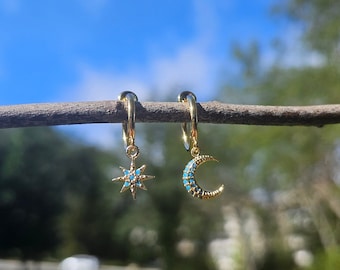 Turquoise Moon & Star Clip On Earrings/Minimalist Dainty Clip On Earrings for Women/Asymmetrical Mismatched Dangle Drop Clip on Earrings