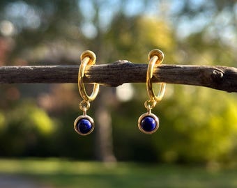 Dainty Lapis Lazuli Clip On Earrings/Minimalist Circle Blue Lapis Lazuli Clip On Earrings for Women/Gold Gemstone Hoop Clip On Earrings
