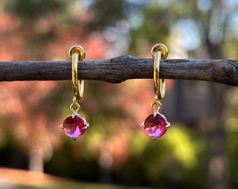 Ruby Pink Glass Circle Clip On Earrings, Gold Plated Hoop, No Piercing