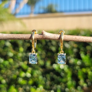 Blue Gem Square Clip On Earrings/Minimalist Dangle Clip On Earrings/Gold Charm Clip On Hoop Earrings/Gemstone Earrings/No Piercing