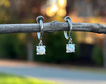 Silver Opal Clip On Earrings/Dainty Minimalist Dangle Clip On Earrings/Charm Clip On Hoop Earrings/Circle Gemstone Earrings/No Piercing