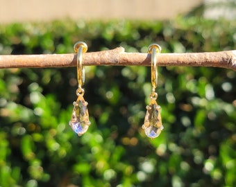 Champagne Quartz Clip On Earrings/Minimalist Dangle Clip On Earrings/Gold Crystal Diamond Gemstone Clip On Hoop Earrings/No Piercing