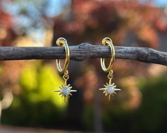 Opal Star Clip On Earrings/Minimalist Dangle Clip On Earrings for Women/Dainty Gold Clip On Hoop Earrings/Non Pierced Opal Clip On Earrings