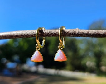 Pink Opal Fan Clip On Earrings/Minimalist Dangle Clip On Earrings for Women/Gold Triangle Gemstone Clip On Hoop Earrings/No Piercing