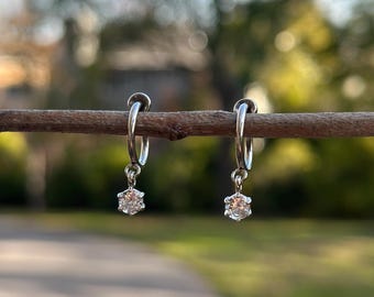Dainty CZ Clip On Hoop Earrings/Silver Diamond Dangle Clip On Earrings/Minimalist Cubic Zirconia Huggie Clip On for Women/No Piercing