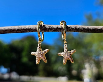 Starfish Clip On Earrings/Blue Ocean Nautical Clip On Hoops/Minimalist Dangle Clip On Earrings for Women/No Piercing Invisible Clip On
