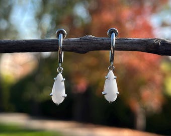White Agate Clip On Earrings/Minimalist Dangle Silver Clip On Hoop Earrings/White Gemstone  Glass Crystal Clip On for Women/No Piercing