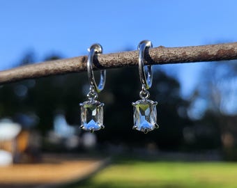 Diamond Square Clip On Earrings/Silver Glass Clear Crystal Gemstone Clip On Hoop Earrings/Minimalist Dangle Clip On Earrings/No Piercing