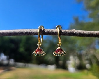 Dainty Watermelon Clip On Earrings/ Minimalist Clip On Hoop Earrings/ Gold Dangle Fruit Charm Earrings/ No Piercing Invisible Clip On