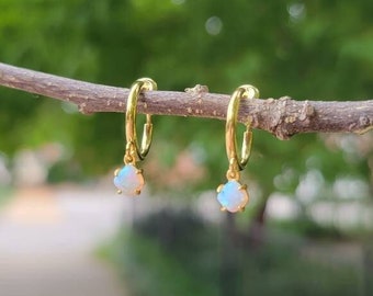 Dainty Opal Clip On Earrings/Minimalist Dangle Clip On Earrings/Gold Charm Clip On Hoop Earrings/Diamond Gemstone Earrings/No Piercing