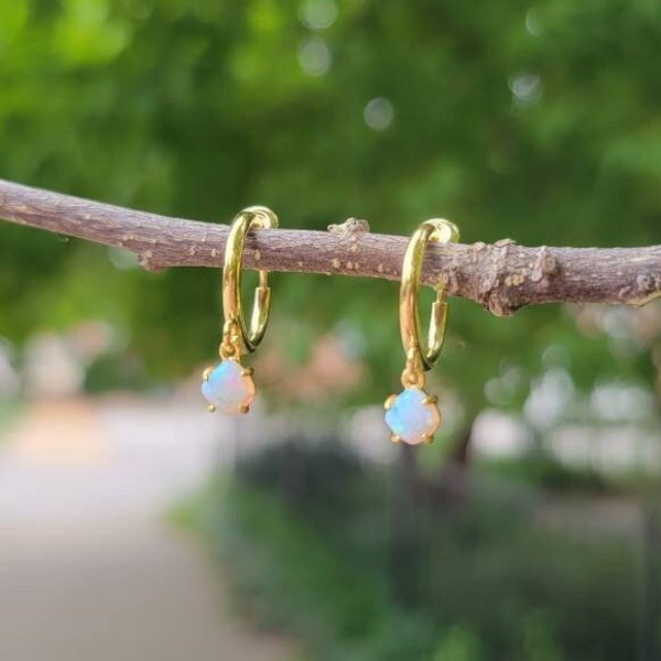 Dainty Opal Clip On Earrings/Minimalist Dangle Clip On Earrings/Gold Charm Clip On Hoop Earrings/Diamond Gemstone Earrings/No Piercing