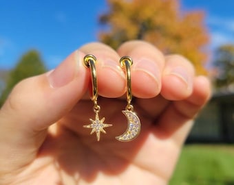 Moon & Star Clip On Earrings/ Minimalist Dainty Gold Clip On Hoop Earrings/ Asymmetrical Mismatched/ Space Dangle Drop Clip on Earrings