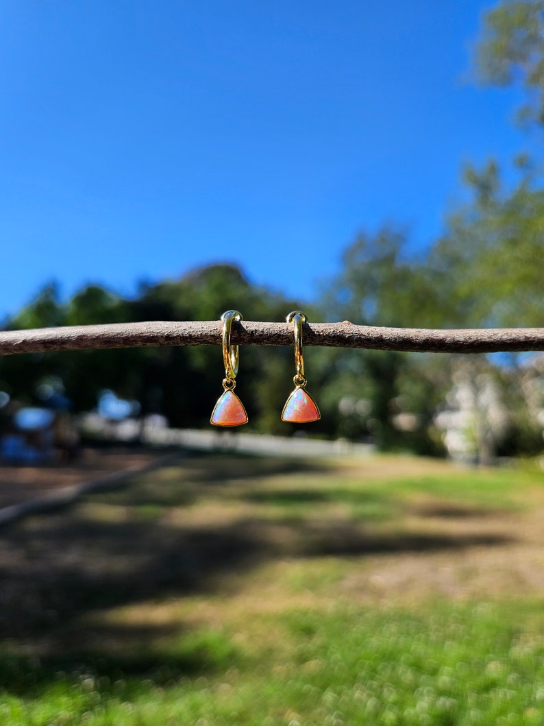 Pink Opal Fan Clip On Earrings/Minimalist Dangle Clip On Earrings for Women/Gold Triangle Gemstone Clip On Hoop Earrings/No Piercing image 9