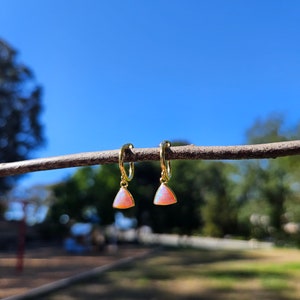 Pink Opal Fan Clip On Earrings/Minimalist Dangle Clip On Earrings for Women/Gold Triangle Gemstone Clip On Hoop Earrings/No Piercing image 3