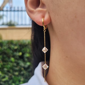 Diamond Threader Clip On Earrings/CZ Stone Station Chain Earrings/Elegant Long Dangle Minimalist Clip On Earrings for Women Wedding Bride