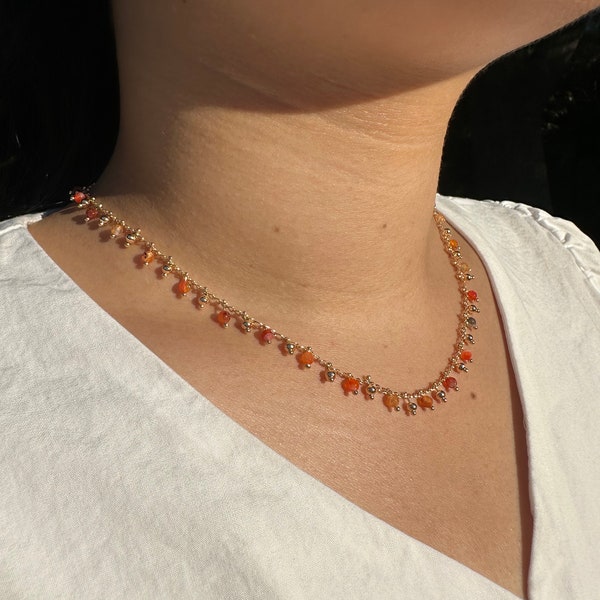 Orange Gem Dangle Necklace/18k Gold Plated Multicolored Gemstone Drop Necklace/Everyday Colorful Shaker Charm Crystal Choker for Women