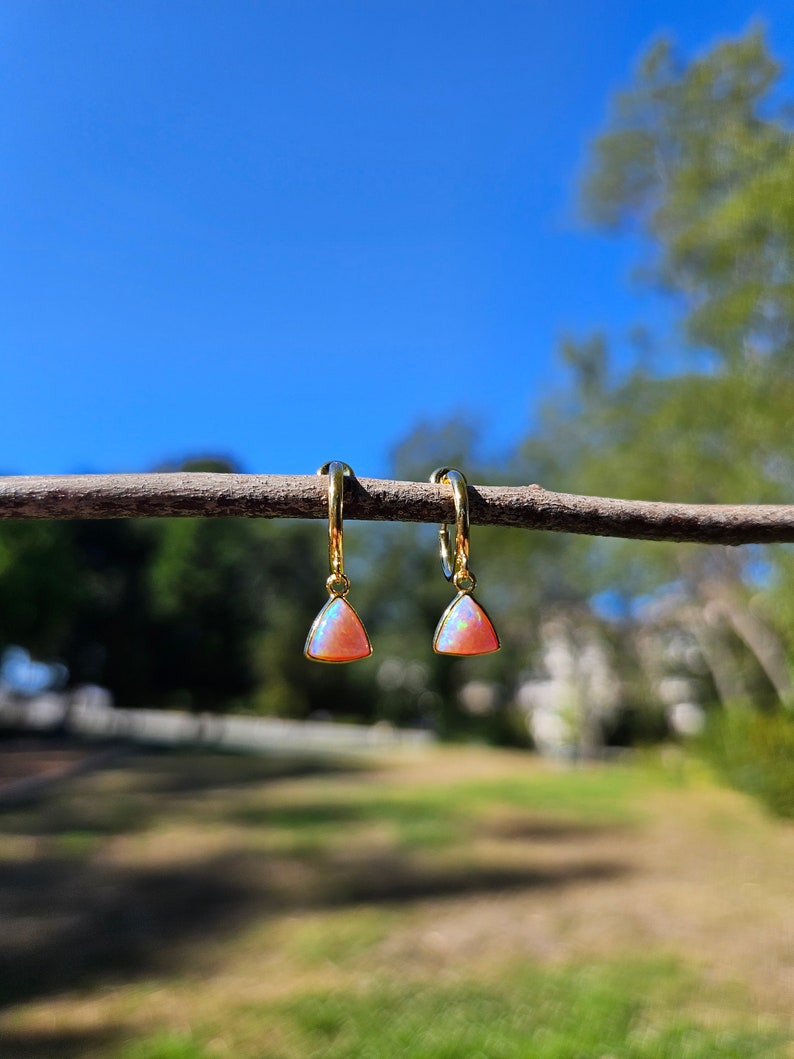 Pink Opal Fan Clip On Earrings/Minimalist Dangle Clip On Earrings for Women/Gold Triangle Gemstone Clip On Hoop Earrings/No Piercing image 6