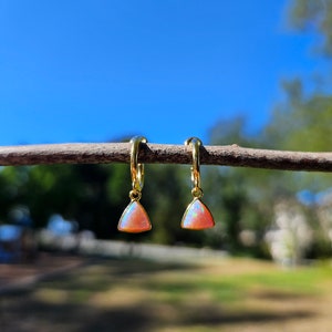 Pink Opal Fan Clip On Earrings/Minimalist Dangle Clip On Earrings for Women/Gold Triangle Gemstone Clip On Hoop Earrings/No Piercing image 4