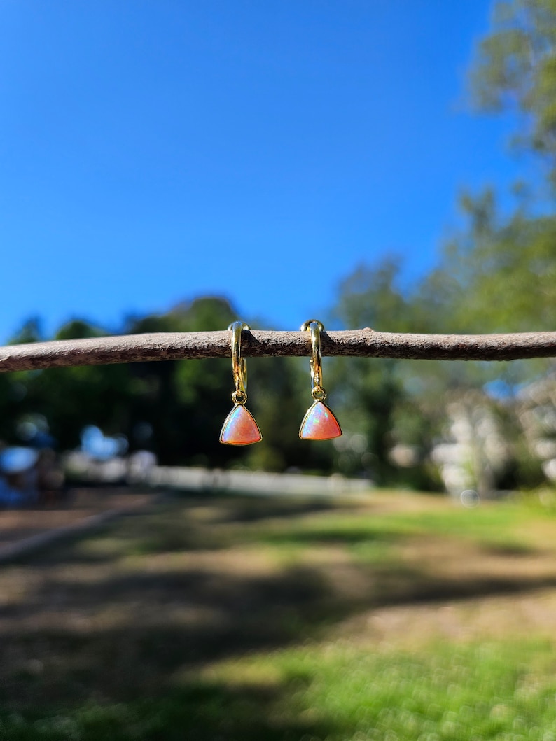 Pink Opal Fan Clip On Earrings/Minimalist Dangle Clip On Earrings for Women/Gold Triangle Gemstone Clip On Hoop Earrings/No Piercing image 7