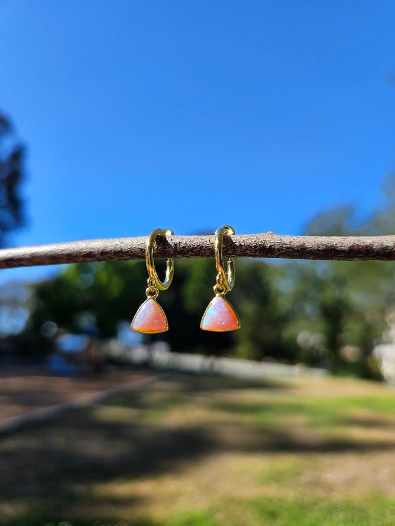 Pink Opal Fan Clip On Earrings/Minimalist Dangle Clip On Earrings for Women/Gold Triangle Gemstone Clip On Hoop Earrings/No Piercing image 1