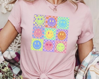 Checkered Happy Face Graphic Shirt, Neon Pink Retro Shirt, Groovy 90s Style Tshirt, Trendy Aesthetic Tee, Vibrant Summer Tee, Festival Shirt