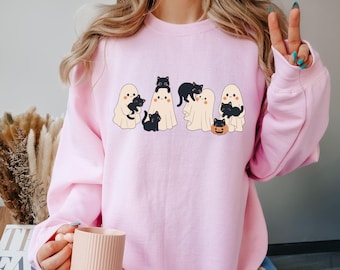 Halloween Ghost and Black Cat Sweatshirt,Halloween Ghost Sweatshirt,Spooky Season Cat Sweater, Halloween Cute Women Sweater,Halloween Gift